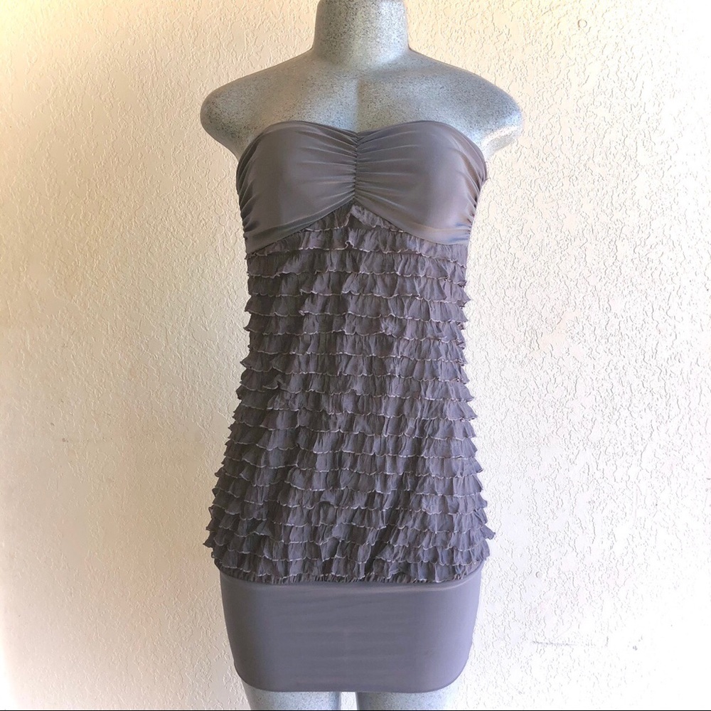 Chelsey Adorable Gray Ruffled Strapless Mini Dress